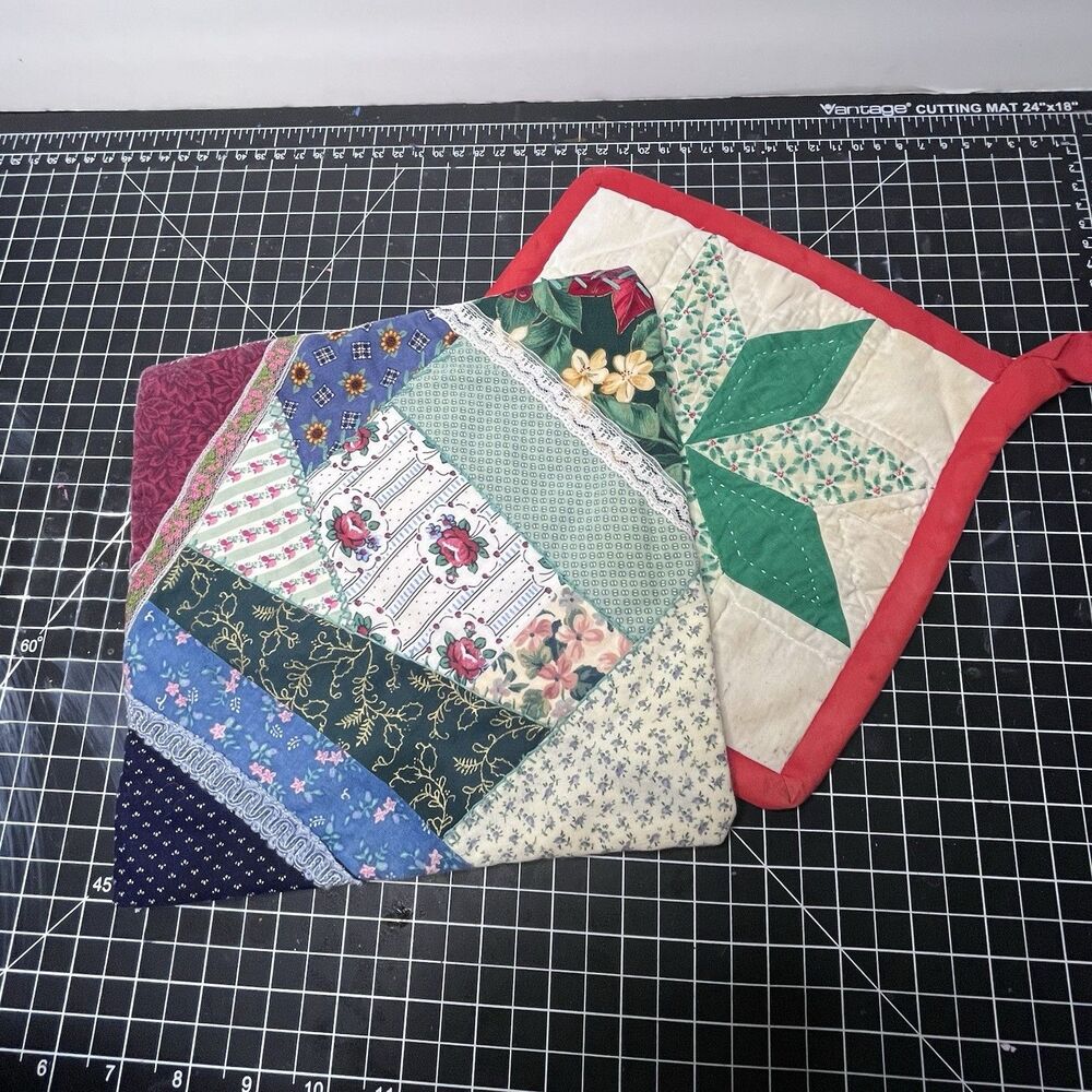 2 - Handmade Quilted Patchwork Scrap Potholder Hot Pad Kitchen Kitchy Grannycore